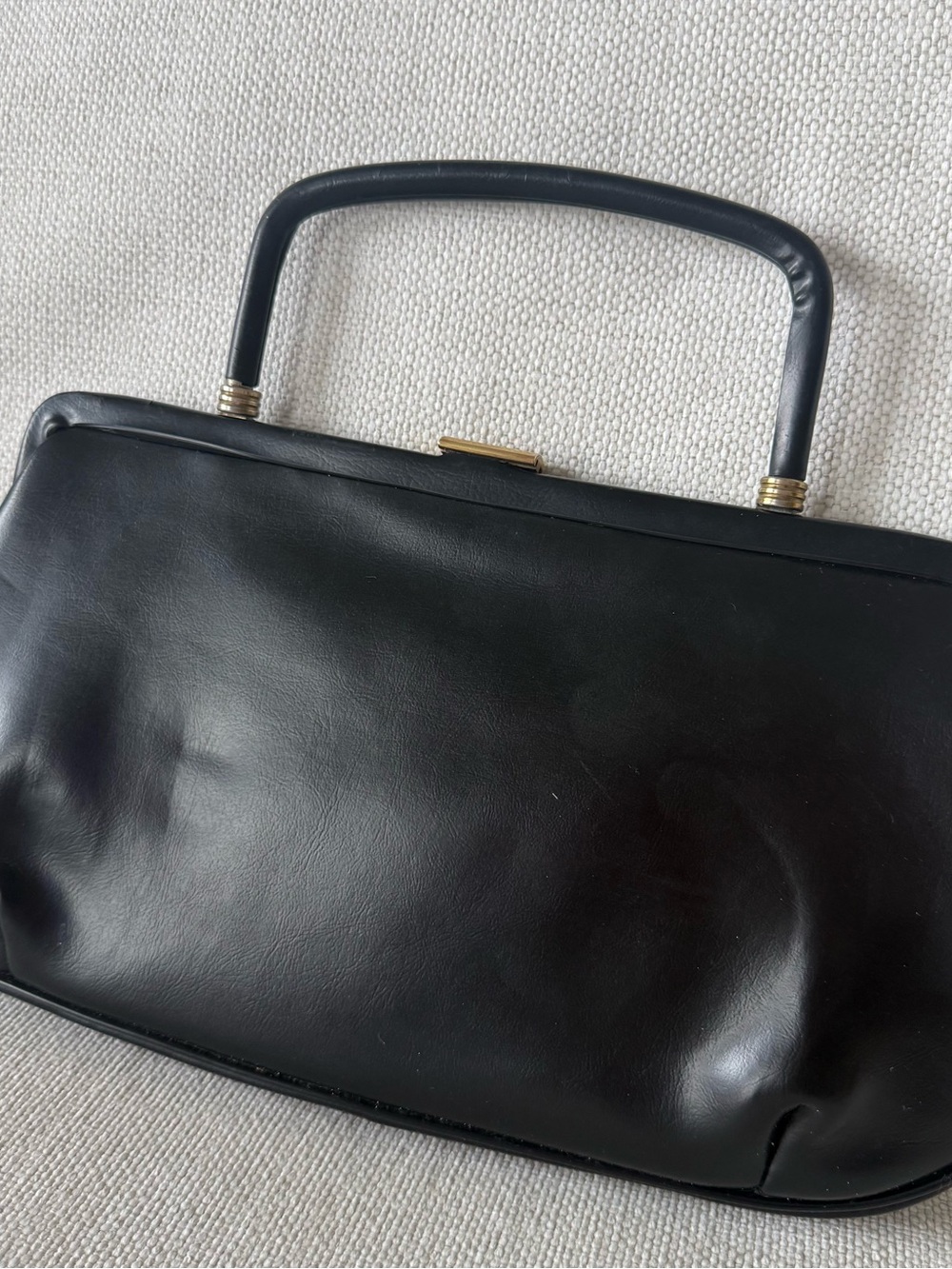 Vintage 1960s Black Leather Frame Clutch Satin Lined Evening Bag MCO Zipper